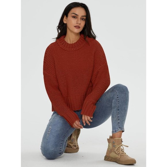 Women's Crewneck Chunky Knit Batwing Long Sleeve Loose Pullover Sweaters Tops - Picture 6 of 6